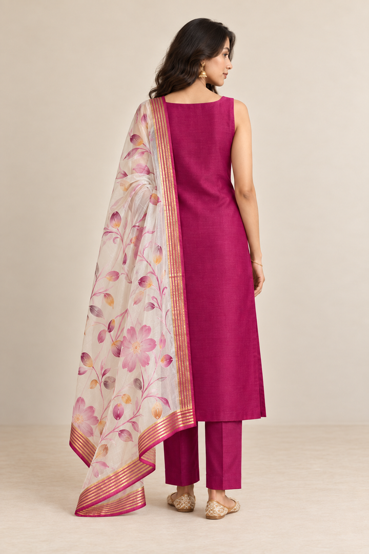 Pure Banarasi Chanderi Silk Suit With Hand Painted Organza Silk Dupatta