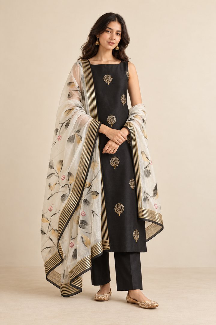 Pure Banarasi Chanderi Silk Suit With Hand Painted Organza Silk Dupatta