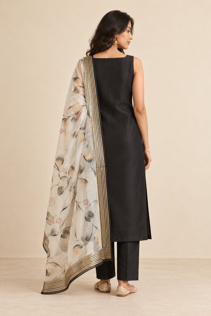 Pure Banarasi Chanderi Silk Suit With Hand Painted Organza Silk Dupatta