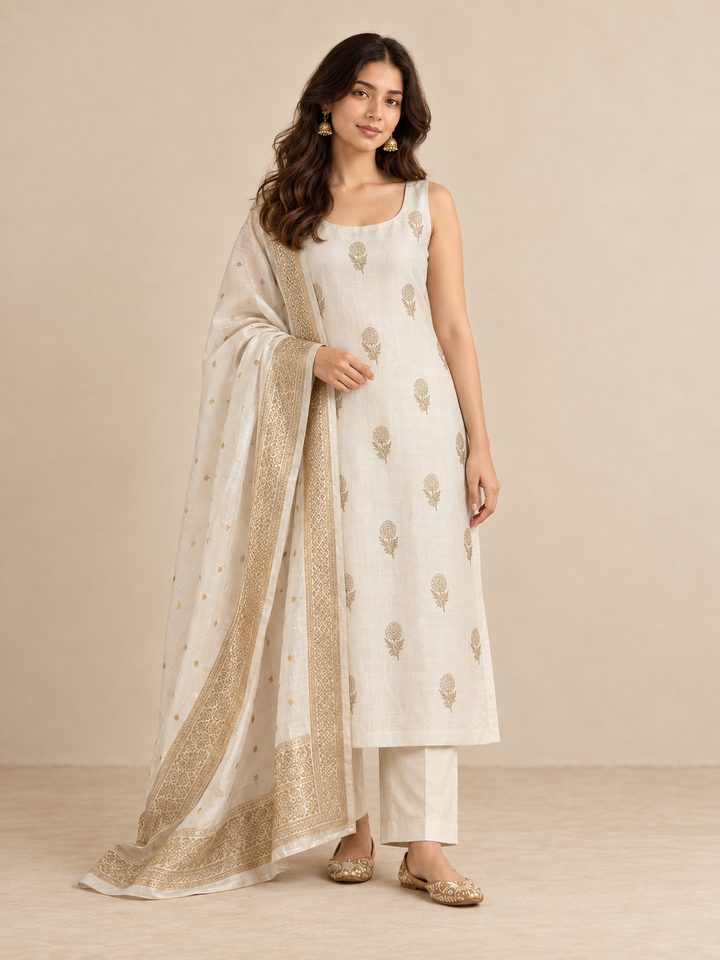 Pure Banarasi Chanderi Silk Suit in White