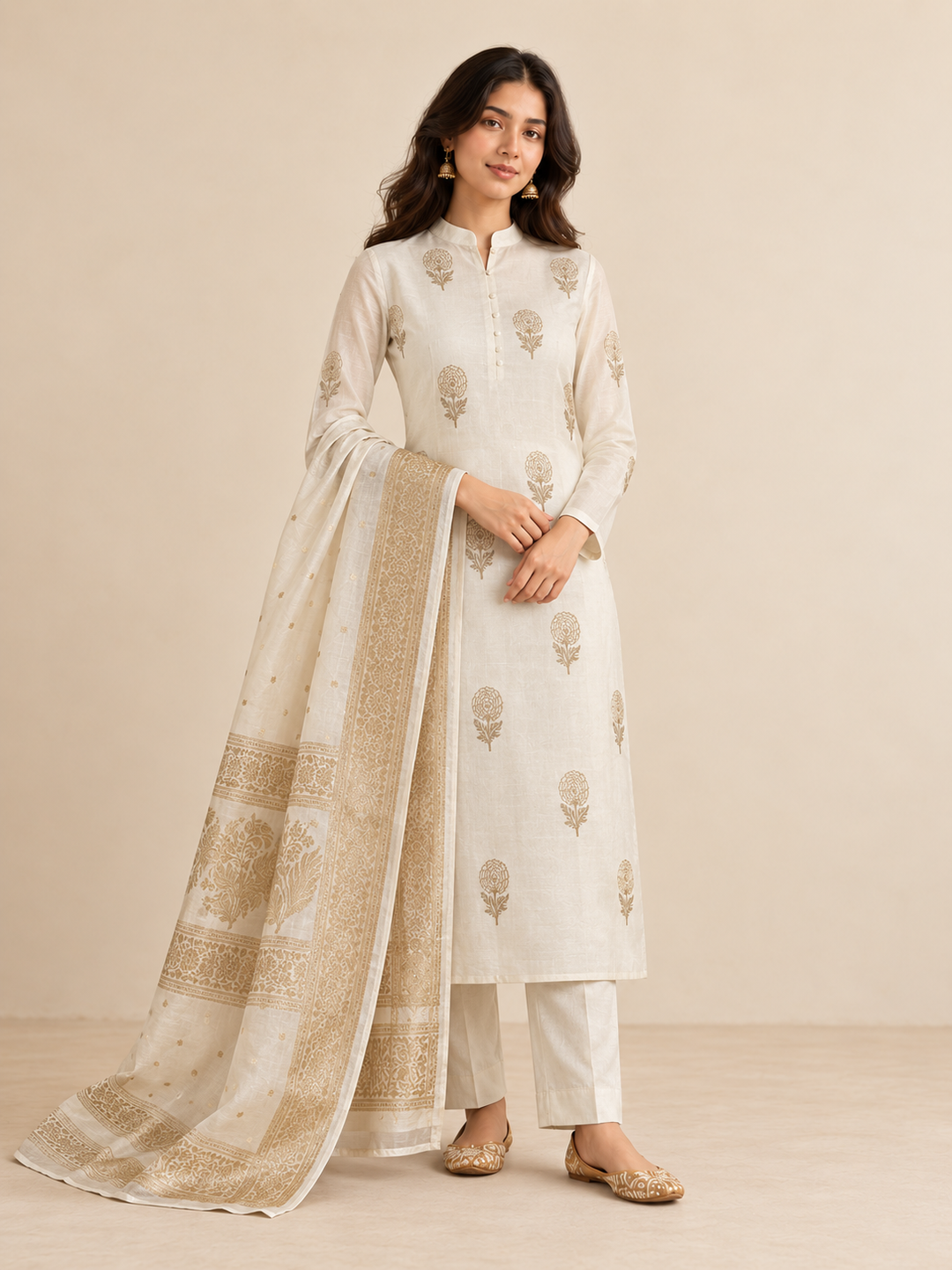 Pure Banarasi Chanderi Silk Suit in White