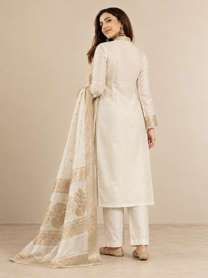 Pure Banarasi Chanderi Silk Suit in White