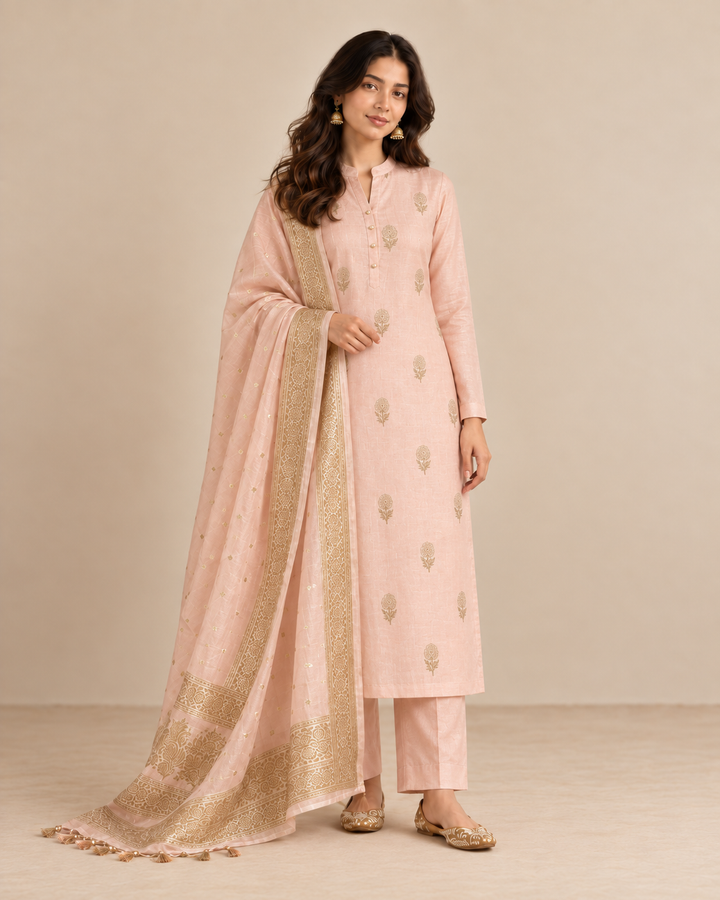 Pure Banarasi Chanderi Silk Suit in Peach