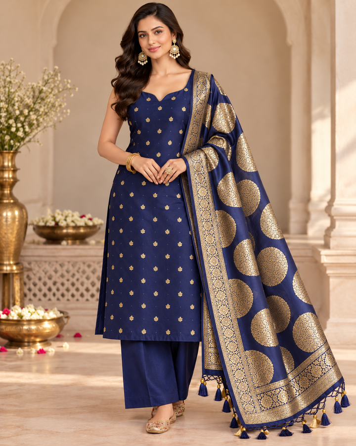 Pure Banarasi Chanderi Silk Suit in Blue Color