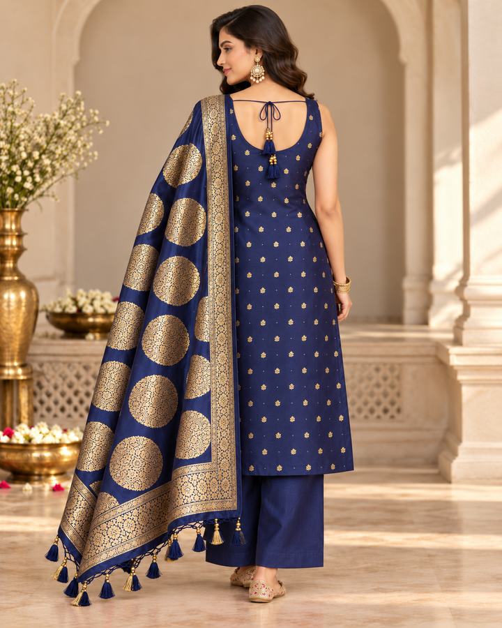Pure Banarasi Chanderi Silk Suit in Blue Color