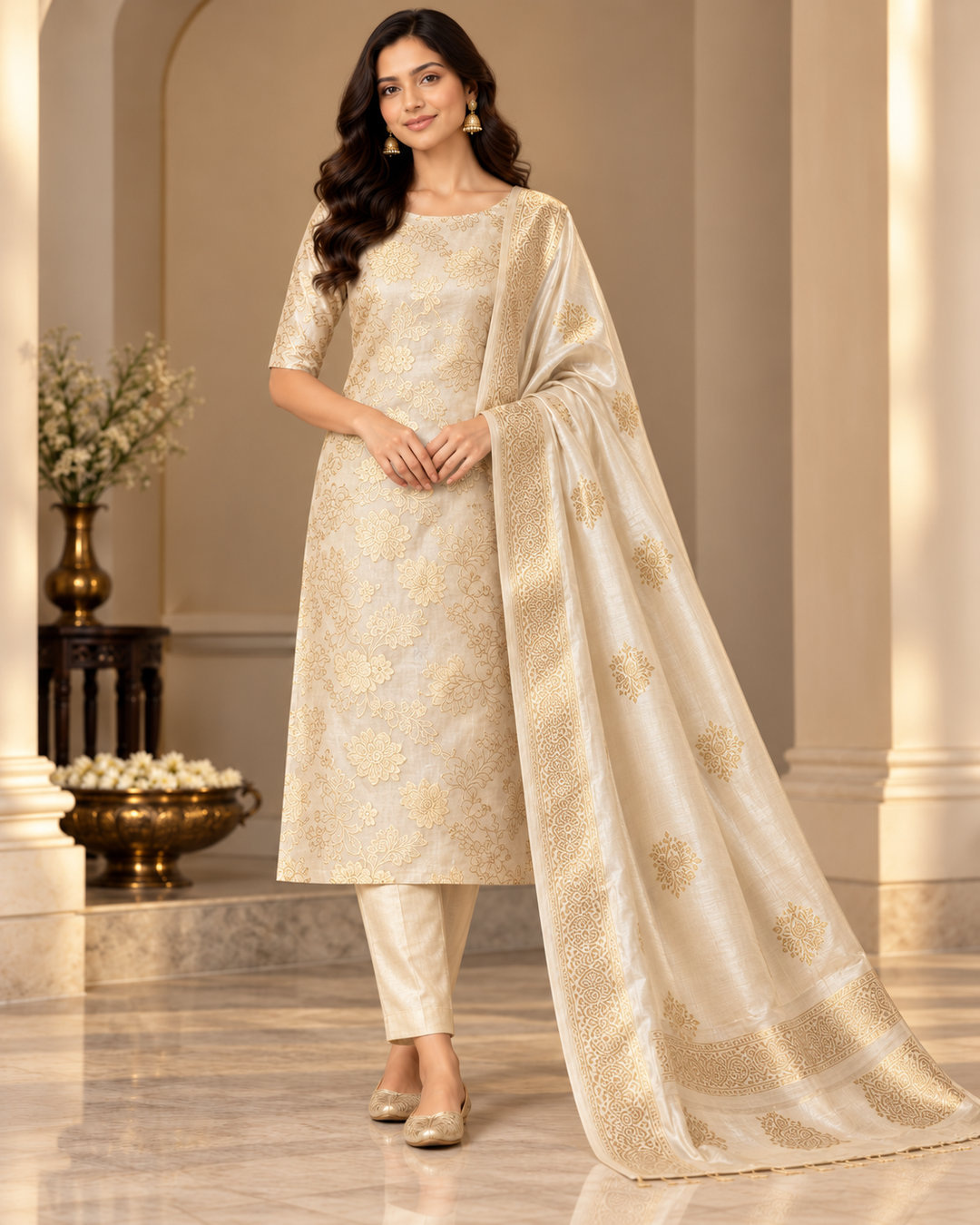Pure Banarasi Chanderi Silk Suit in Beige Color