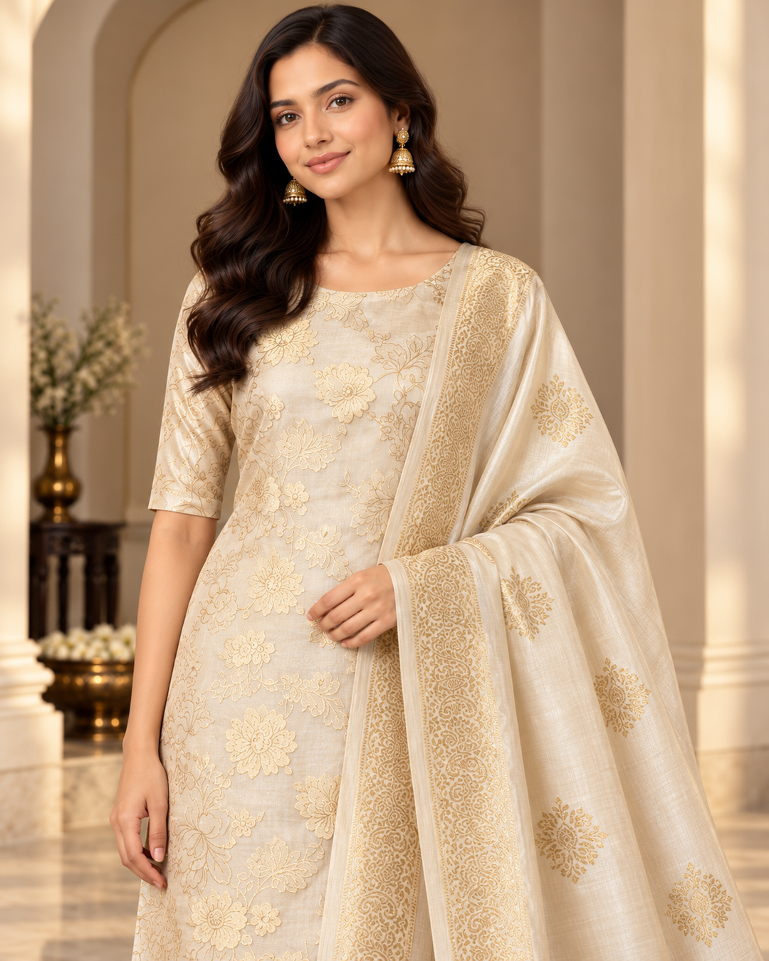 Pure Banarasi Chanderi Silk Suit in Beige Color