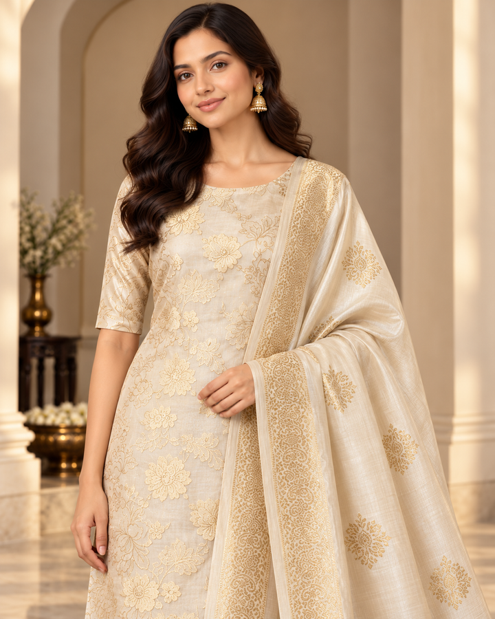 Pure Banarasi Chanderi Silk Suit in Beige Color
