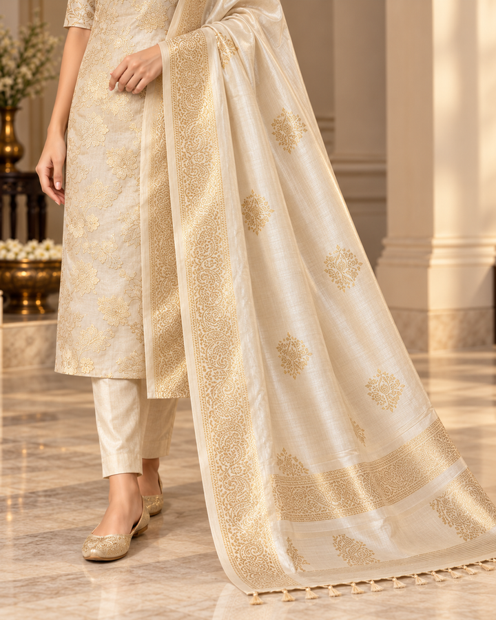Pure Banarasi Chanderi Silk Suit in Beige Color