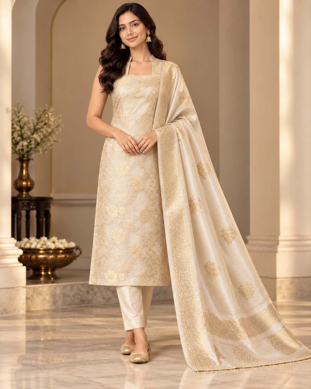 Pure Banarasi Chanderi Silk Suit in Beige Color