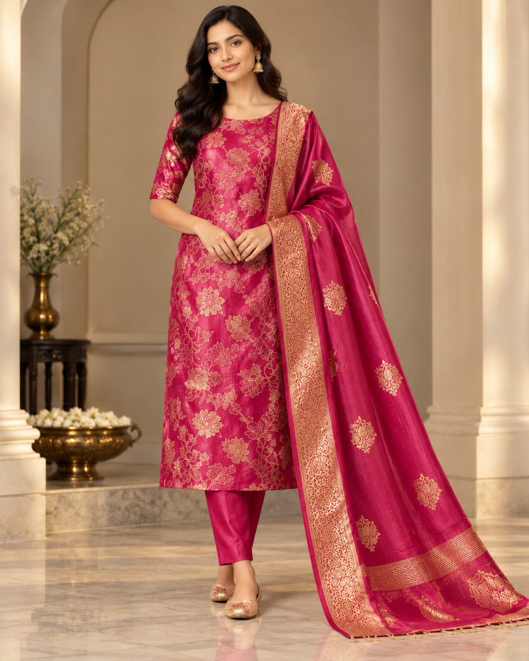 Pure Banarasi Chanderi Silk Suit in Raani Color