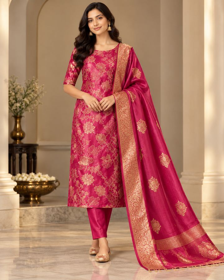 Pure Banarasi Chanderi Silk Suit in Raani Color
