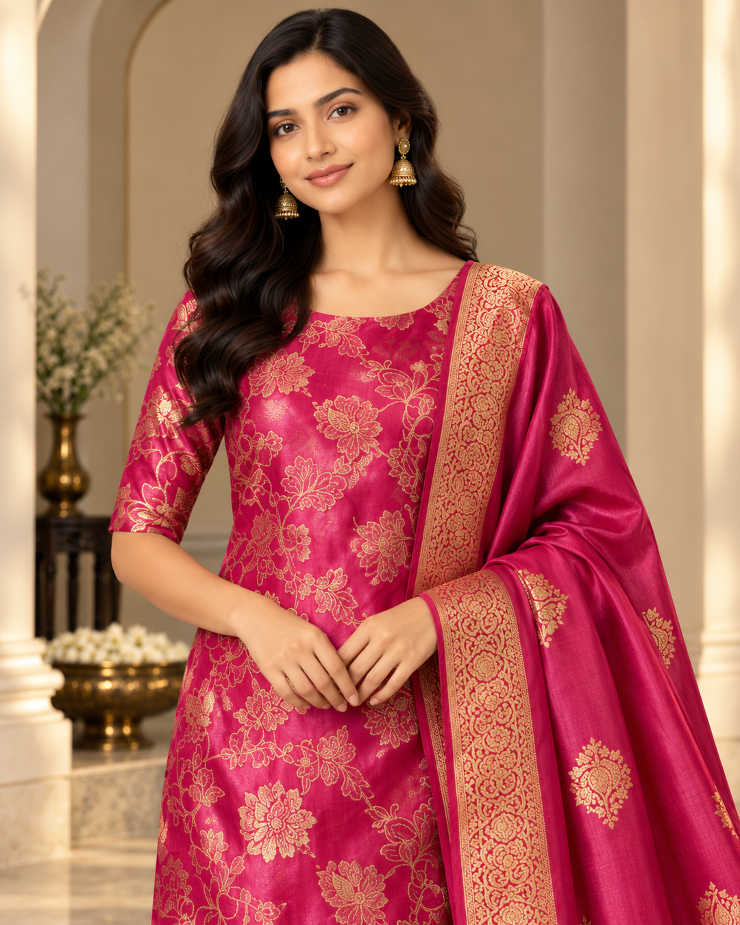 Pure Banarasi Chanderi Silk Suit in Raani Color