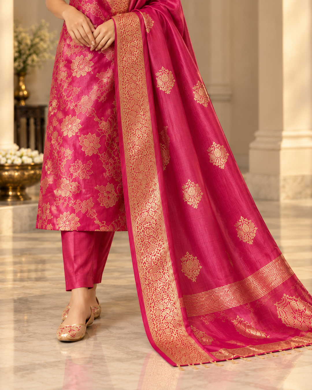 Pure Banarasi Chanderi Silk Suit in Raani Color