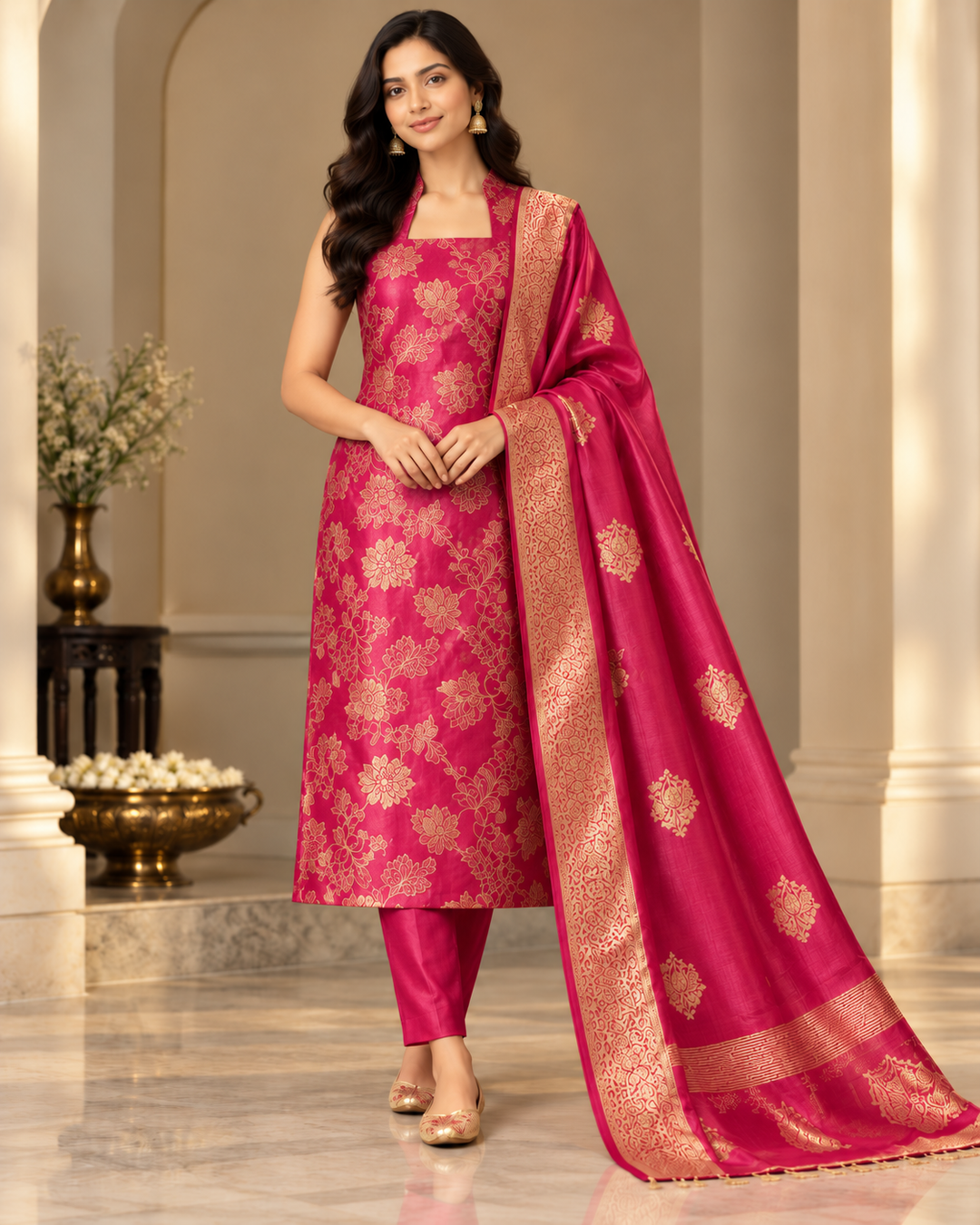 Pure Banarasi Chanderi Silk Suit in Raani Color