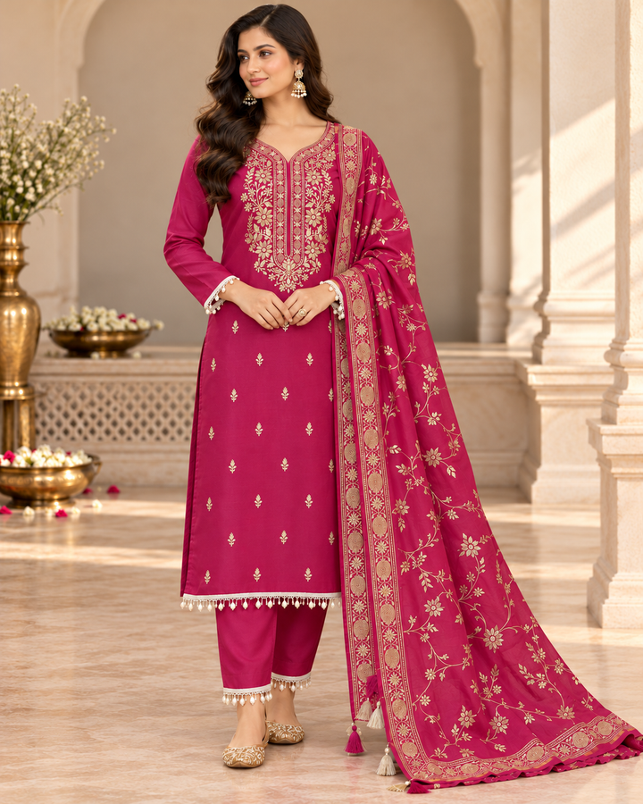 Pure Banarasi Chanderi Silk Suit in Raani Color