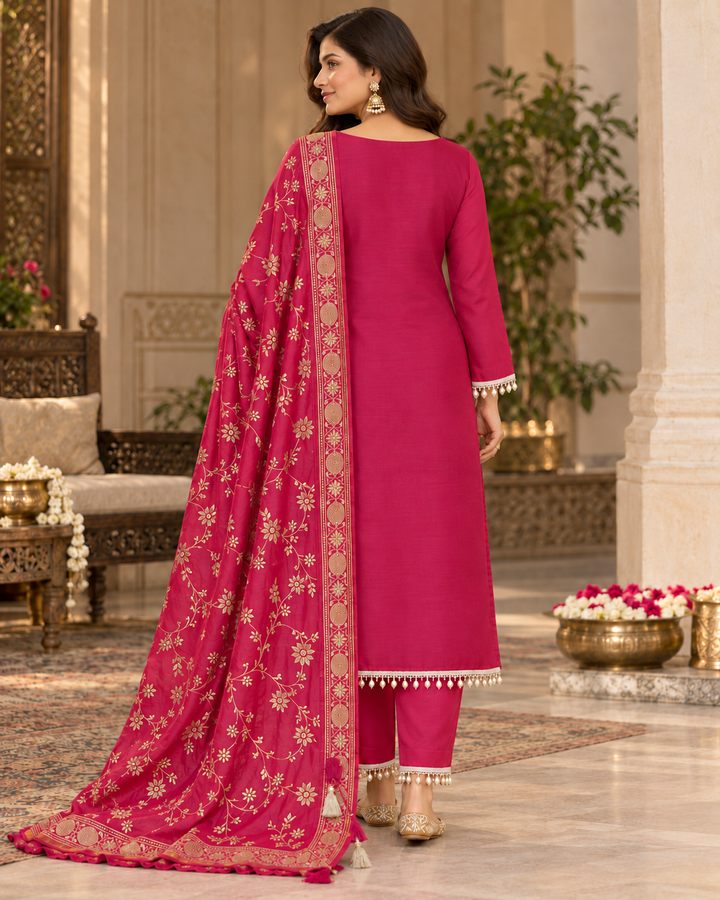 Pure Banarasi Chanderi Silk Suit in Raani Color