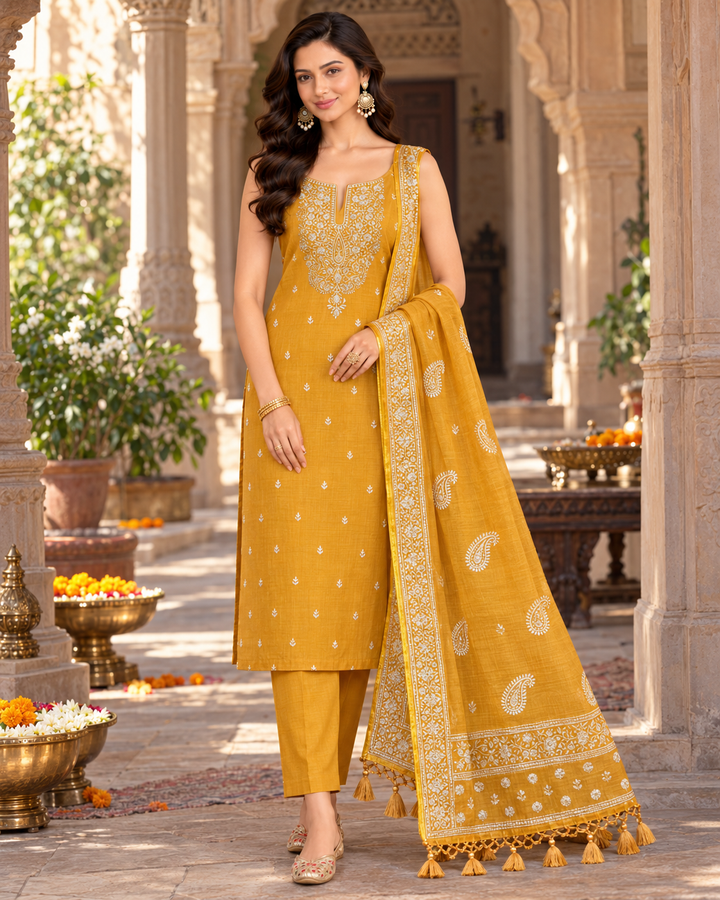 Pure Banarasi Chanderi Silk Suit in Mustard Color