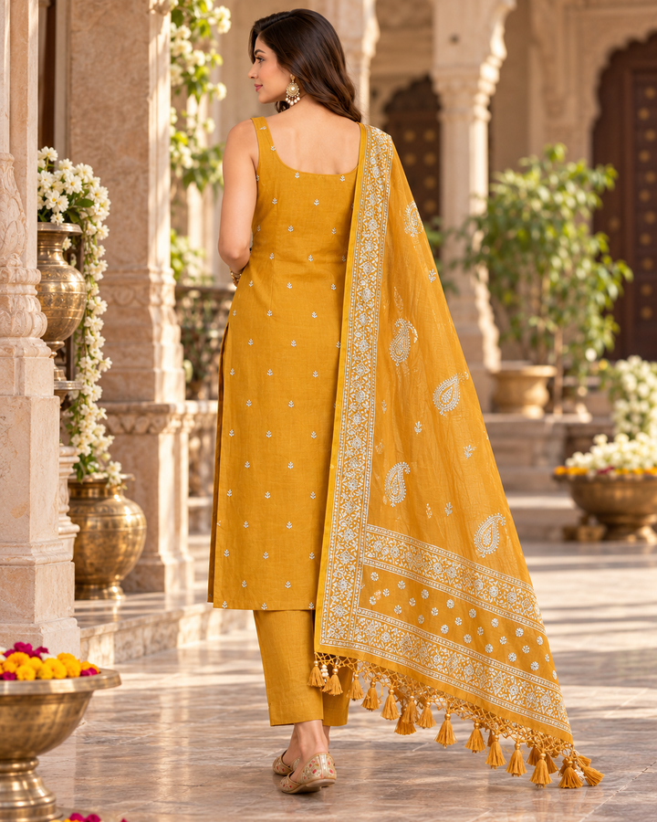 Pure Banarasi Chanderi Silk Suit in Mustard Color