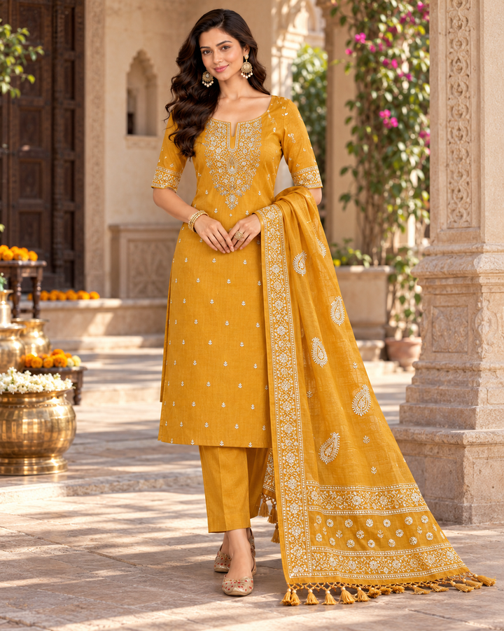 Pure Banarasi Chanderi Silk Suit in Mustard Color
