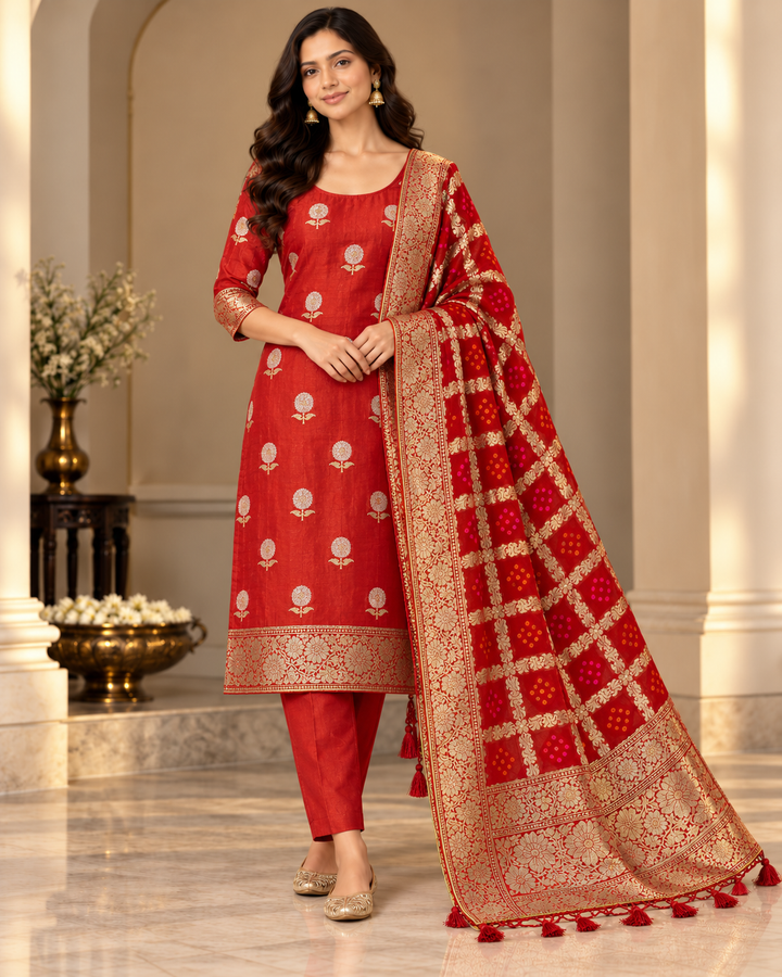 Pure Banarasi Chanderi Silk Suit With Georgette Bandhani Dupatta