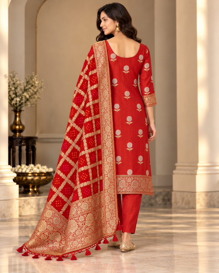 Pure Banarasi Chanderi Silk Suit With Georgette Bandhani Dupatta
