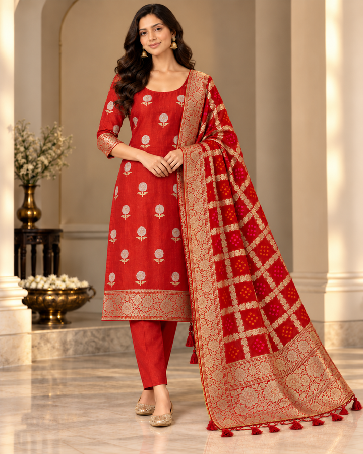 Pure Banarasi Chanderi Silk Suit With Georgette Bandhani Dupatta