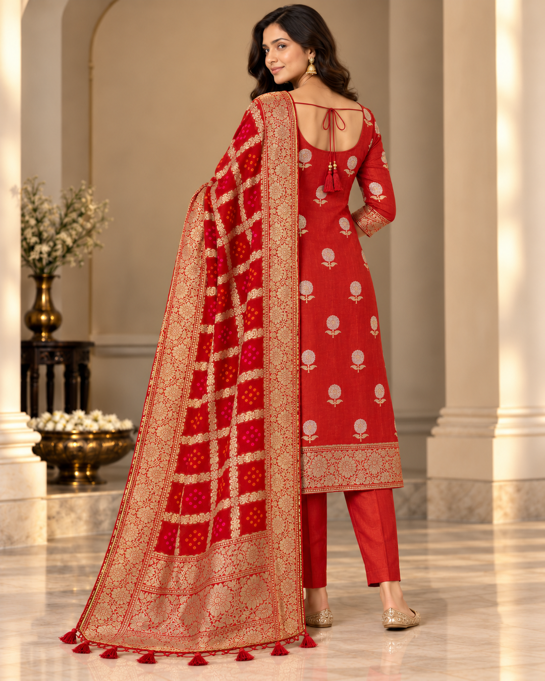 Pure Banarasi Chanderi Silk Suit With Georgette Bandhani Dupatta