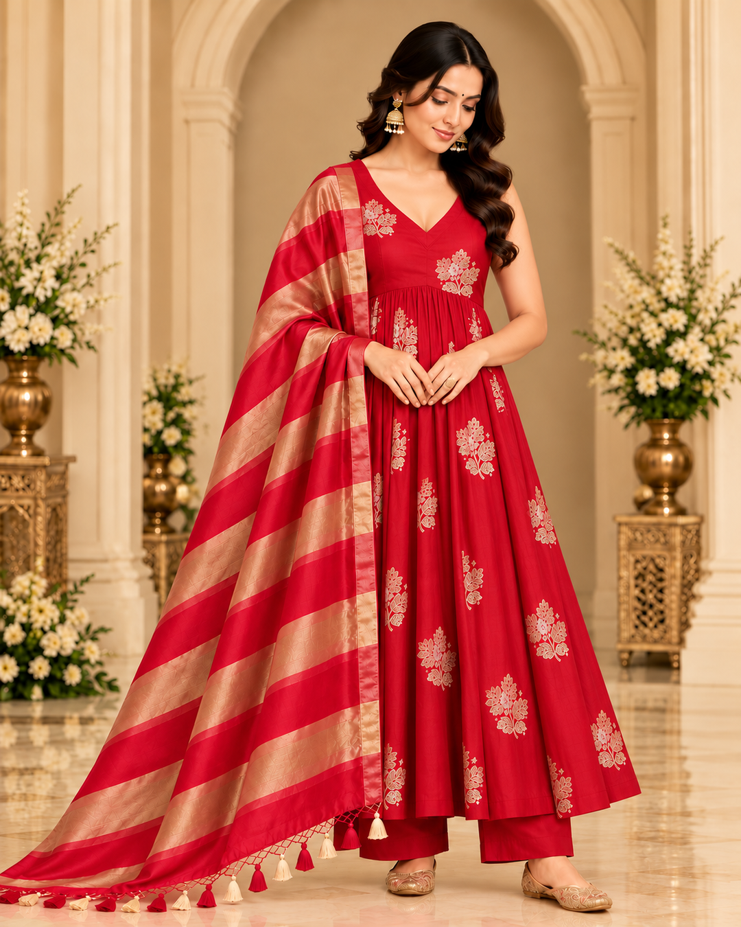 Pure Banarasi Chanderi Silk Suit With Tissue Dupatta in Red color