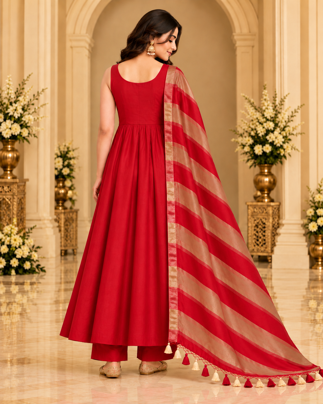 Pure Banarasi Chanderi Silk Suit With Tissue Dupatta in Red color