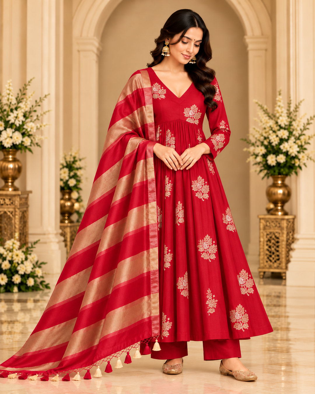 Pure Banarasi Chanderi Silk Suit With Tissue Dupatta in Red color