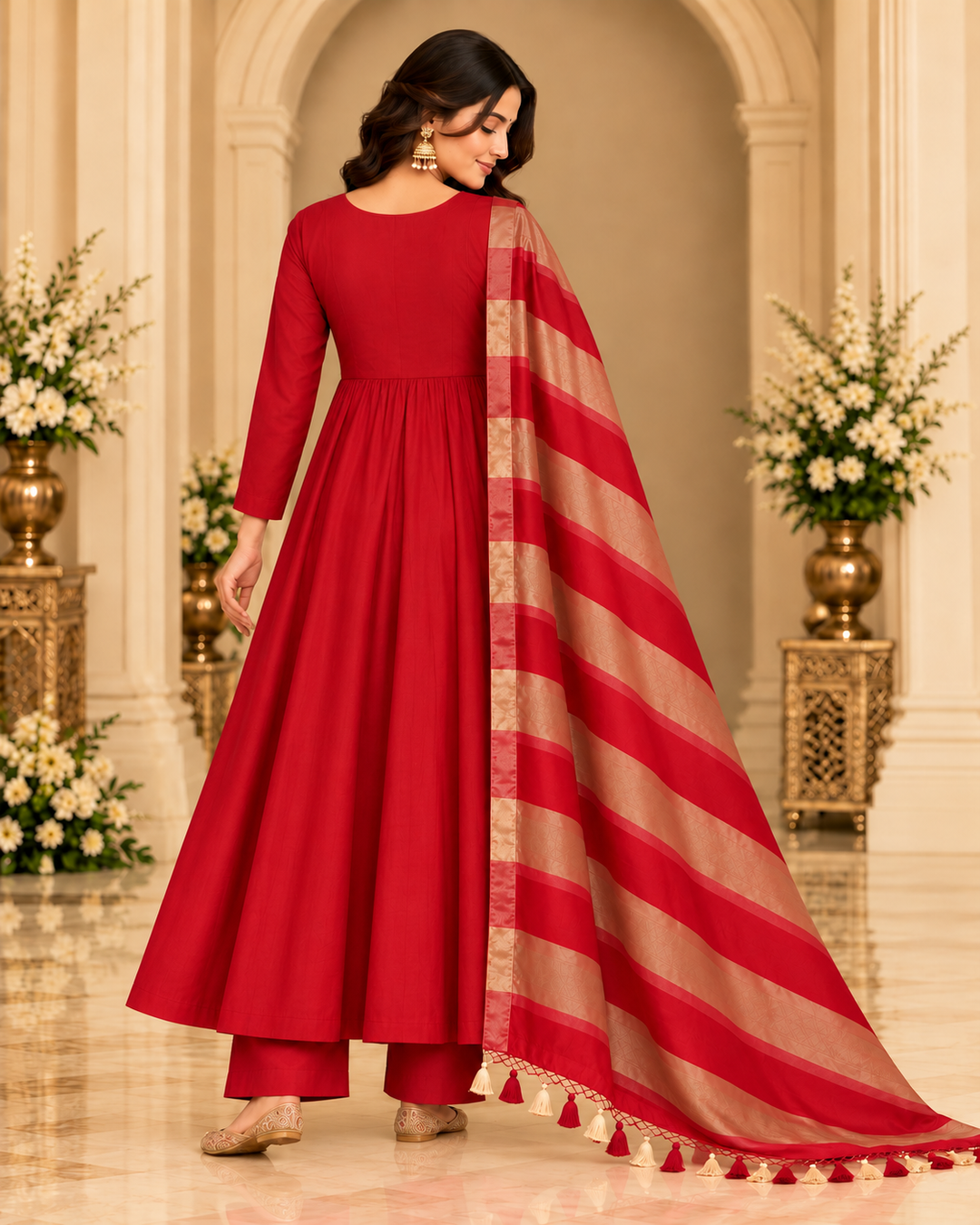 Pure Banarasi Chanderi Silk Suit With Tissue Dupatta in Red color