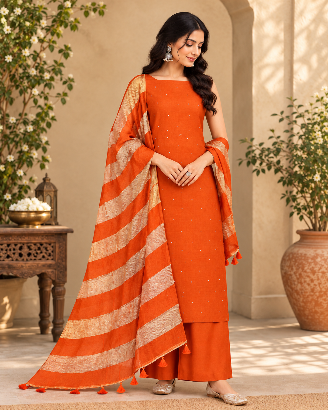 Pure Banarasi Chanderi Silk Suit With Organza Crushed Tissue Dupatta