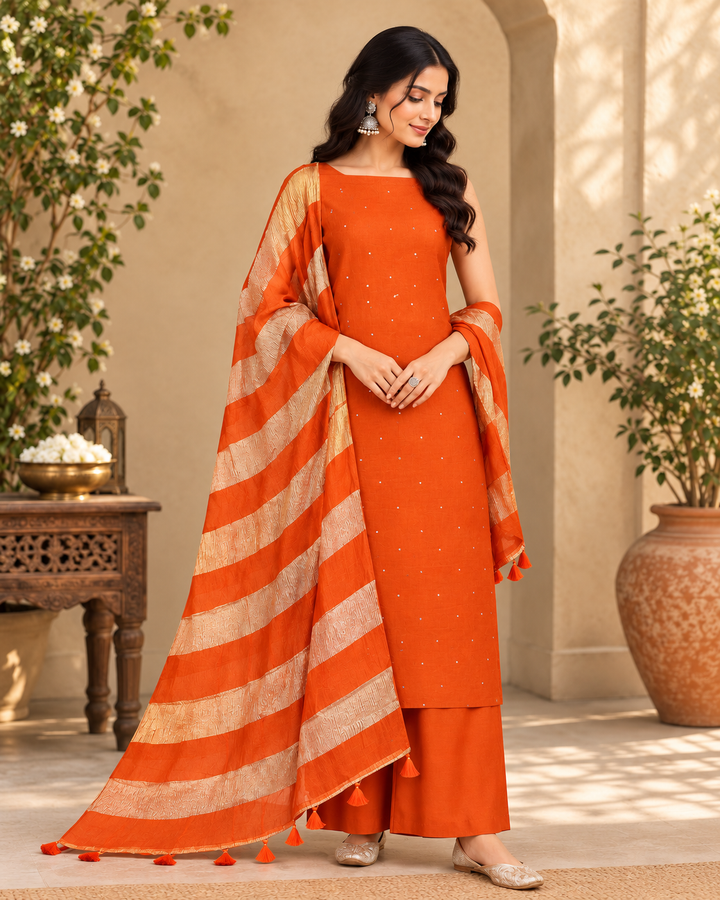 Pure Banarasi Chanderi Silk Suit With Organza Crushed Tissue Dupatta