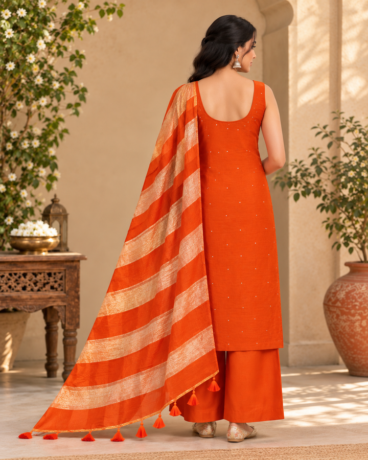 Pure Banarasi Chanderi Silk Suit With Organza Crushed Tissue Dupatta