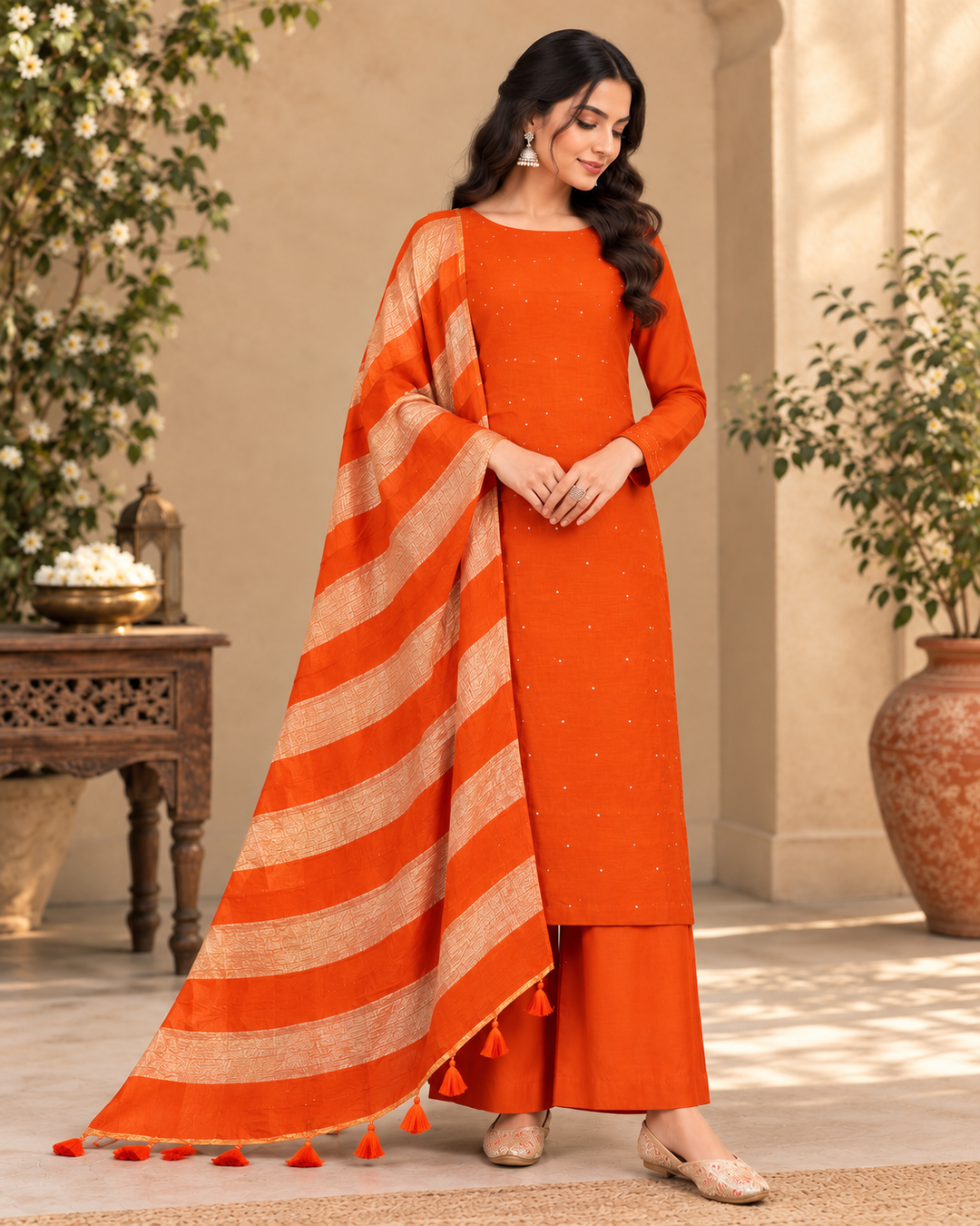 Pure Banarasi Chanderi Silk Suit With Organza Crushed Tissue Dupatta