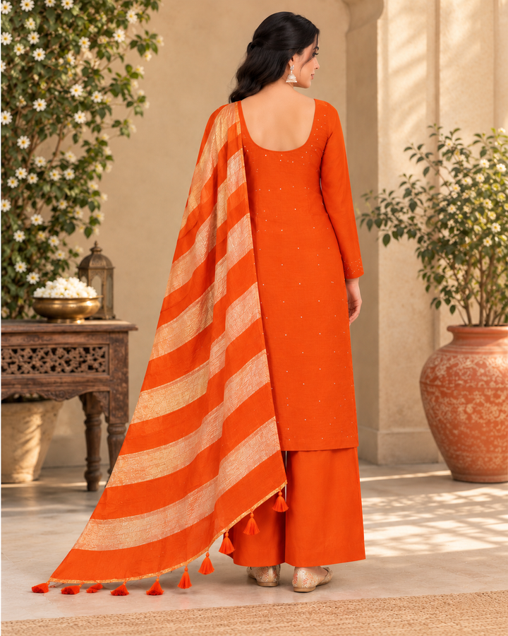 Pure Banarasi Chanderi Silk Suit With Organza Crushed Tissue Dupatta
