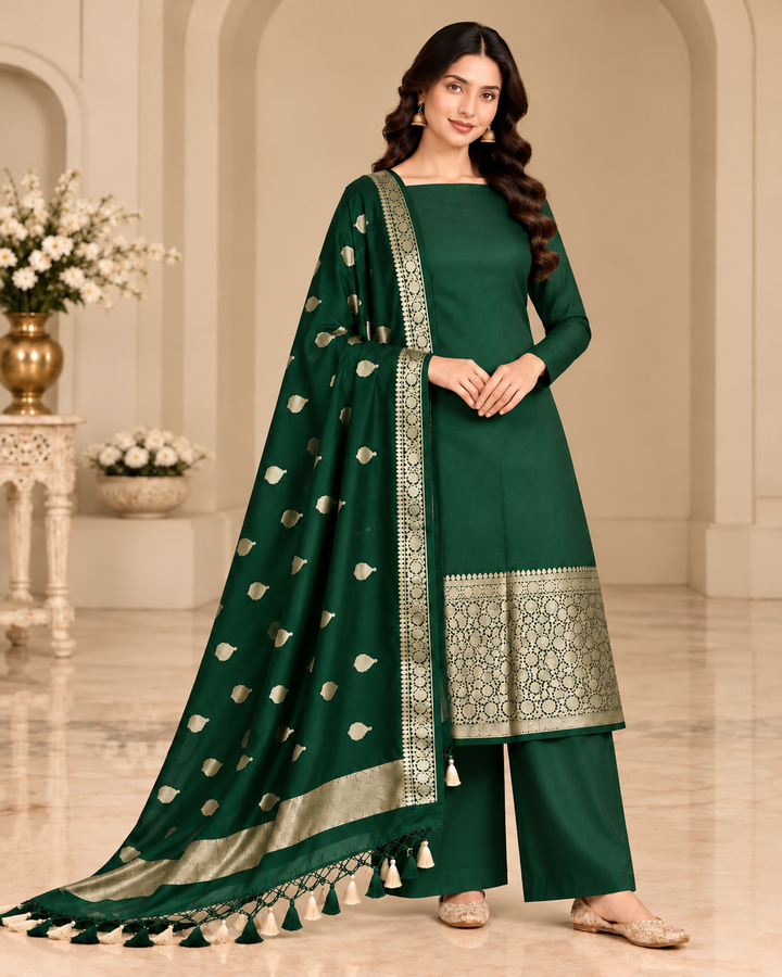 Pure Banarasi Chanderi Silk Suit in Green Color