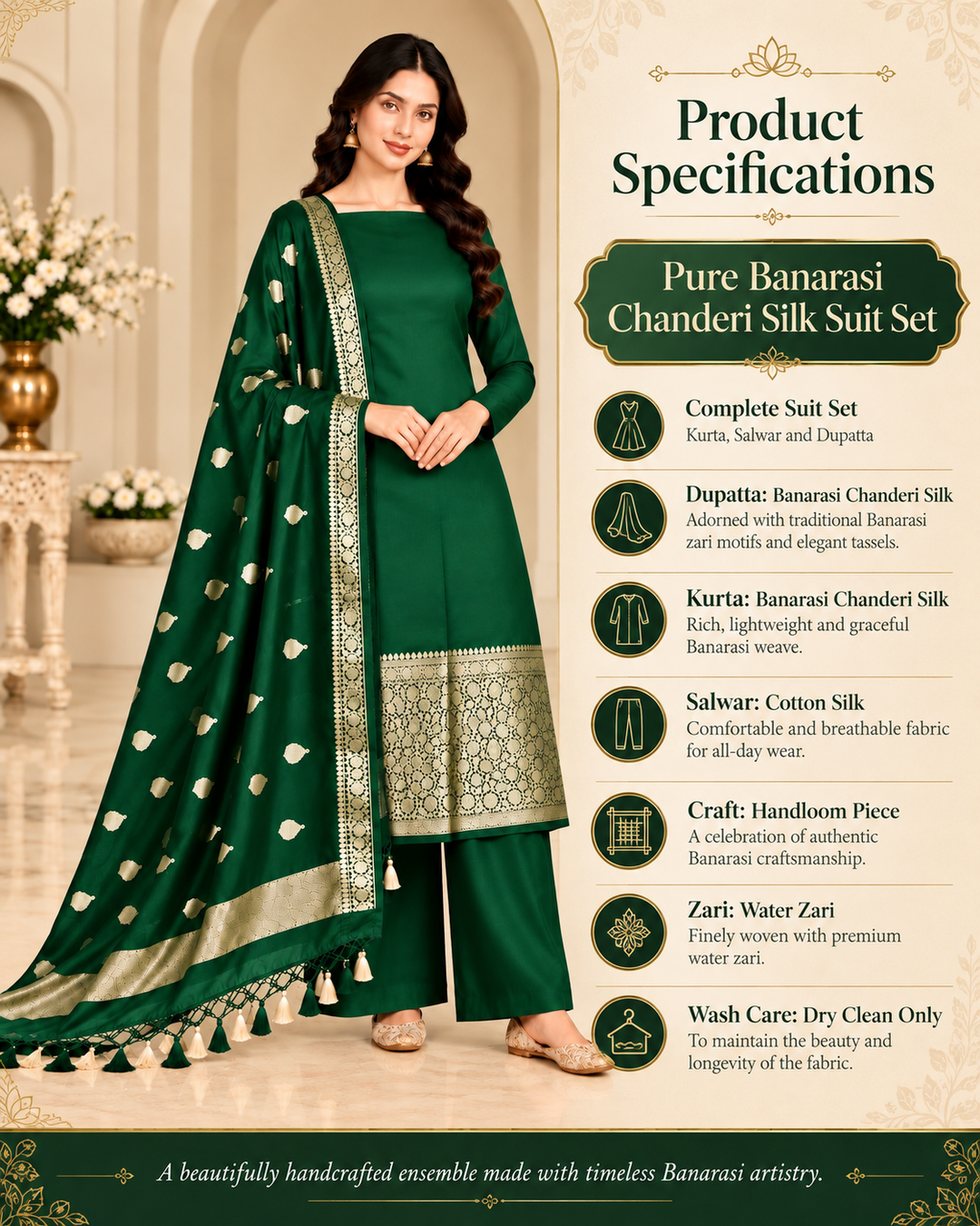 Pure Banarasi Chanderi Silk Suit in Green Color