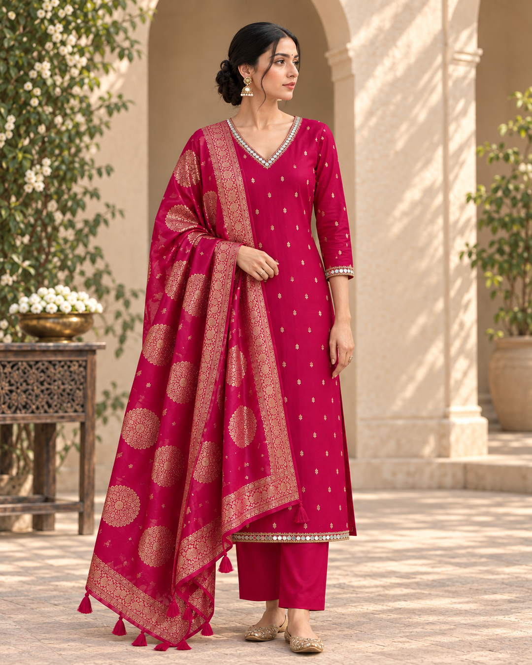 Pure Banarasi Chanderi Silk Suit in Raani Color