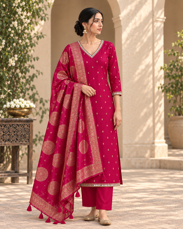 Pure Banarasi Chanderi Silk Suit in Raani Color