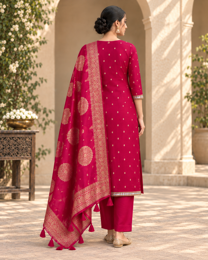 Pure Banarasi Chanderi Silk Suit in Raani Color