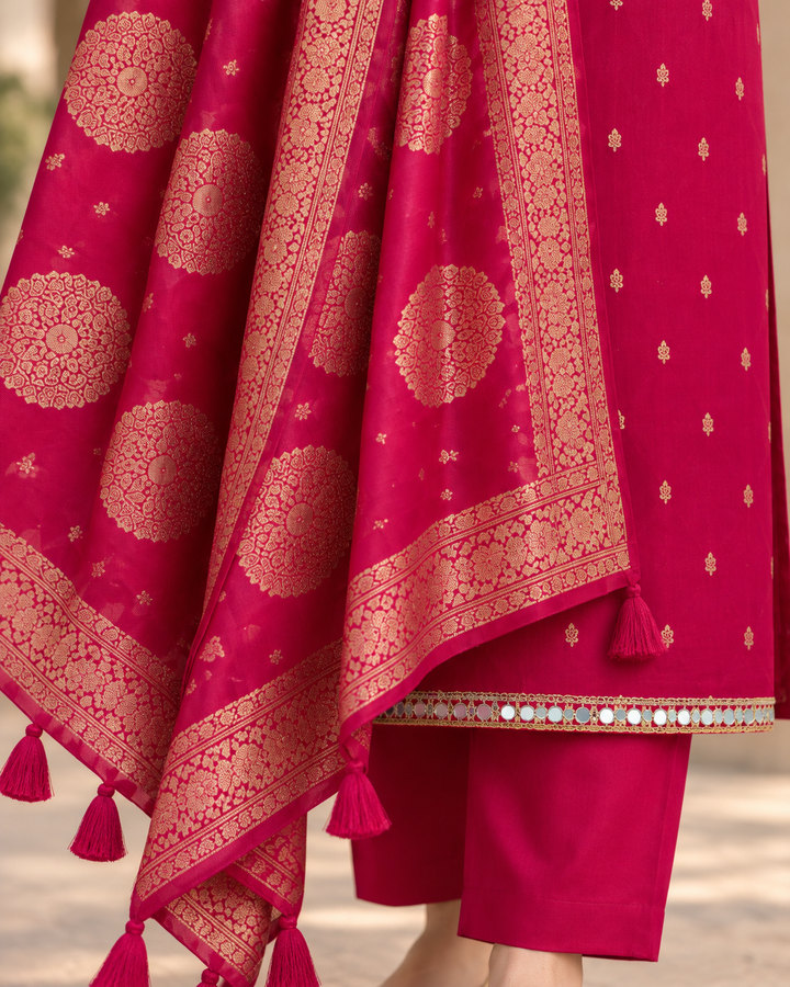 Pure Banarasi Chanderi Silk Suit in Raani Color