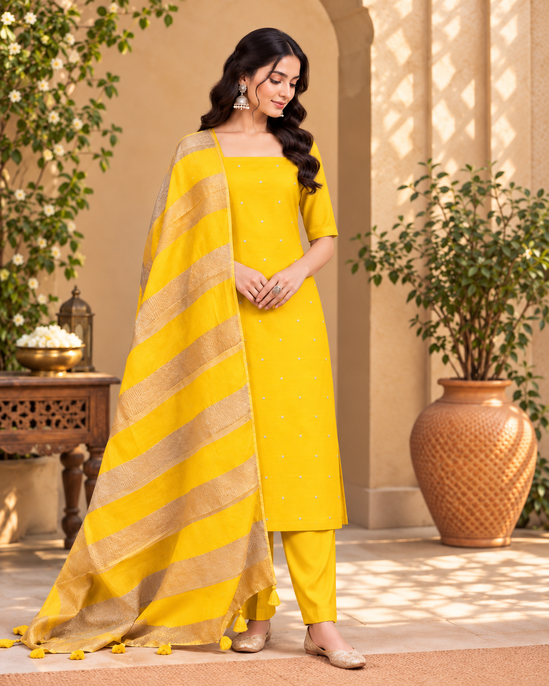 Pure Banarasi Chanderi Silk Suit With Organza Crushed Tissue Dupatta