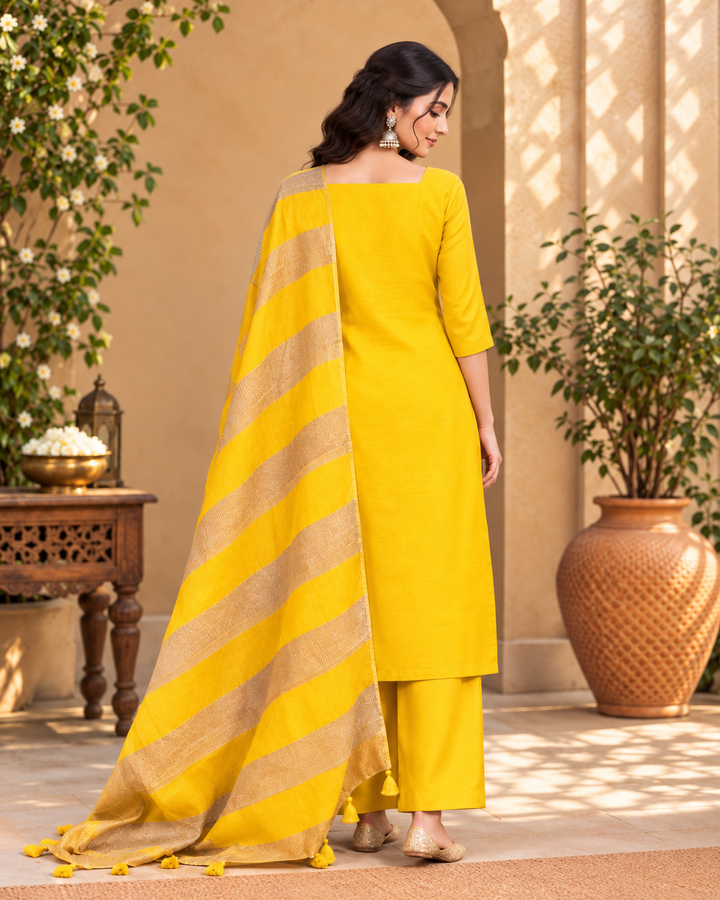 Pure Banarasi Chanderi Silk Suit With Organza Crushed Tissue Dupatta