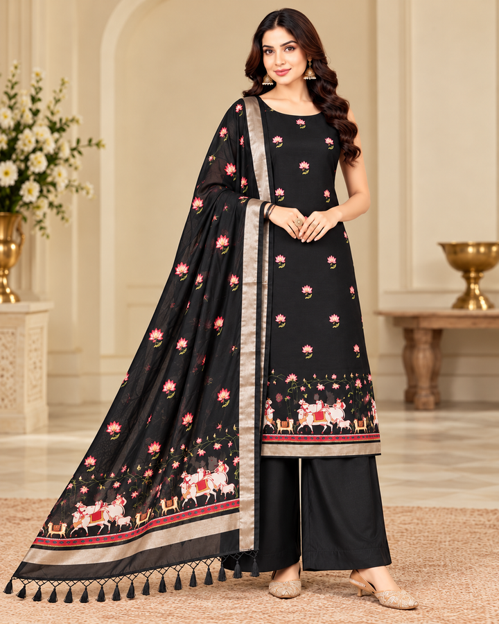 Pure Banarasi Chanderi Silk Suit With Pichwai Work In Black