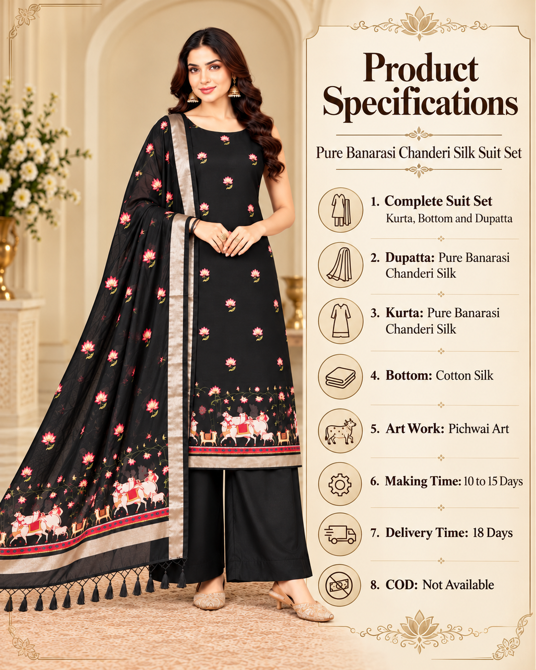 Pure Banarasi Chanderi Silk Suit With Pichwai Work In Black