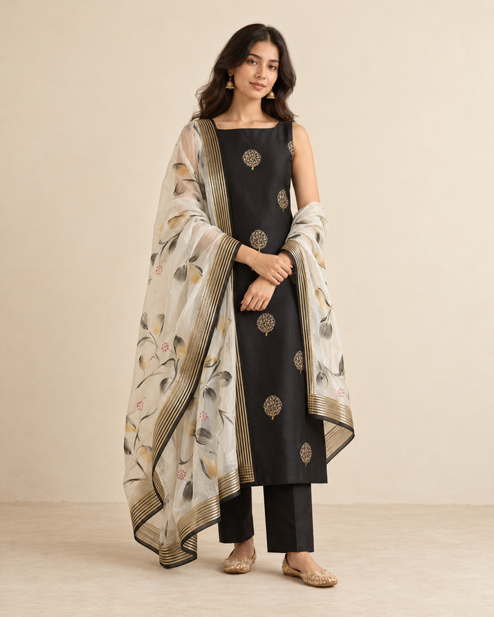 Pure Banarasi Chanderi Silk Suit With Hand Painted Organza Silk Dupatta