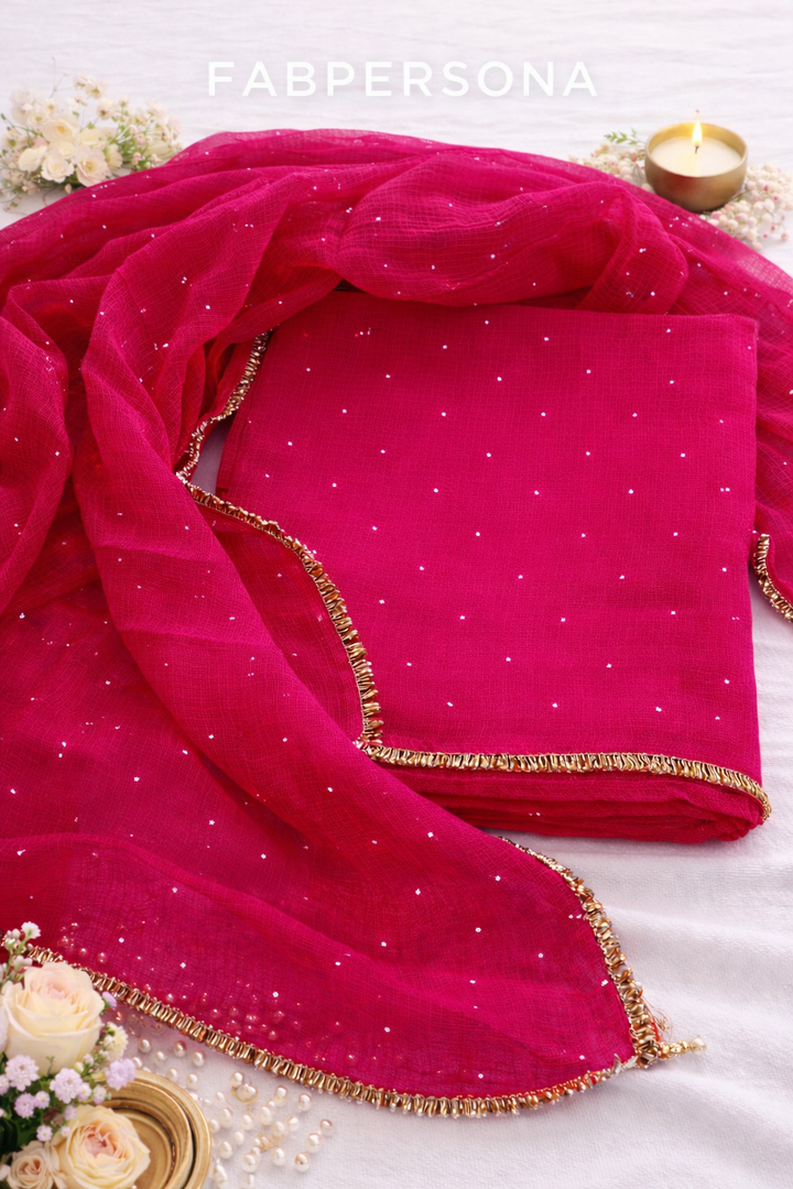 Pure Kota doria 3 pc Unstitched Suit with Mukaish work