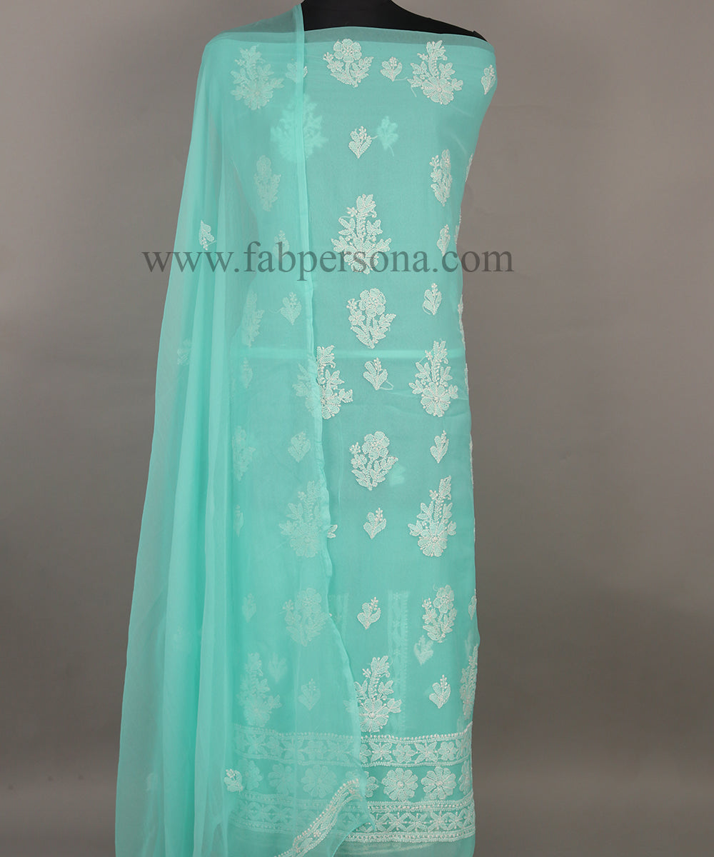 Pure Chiffon Georgette Chikankari Hand Embroidery Unstitched Suit.